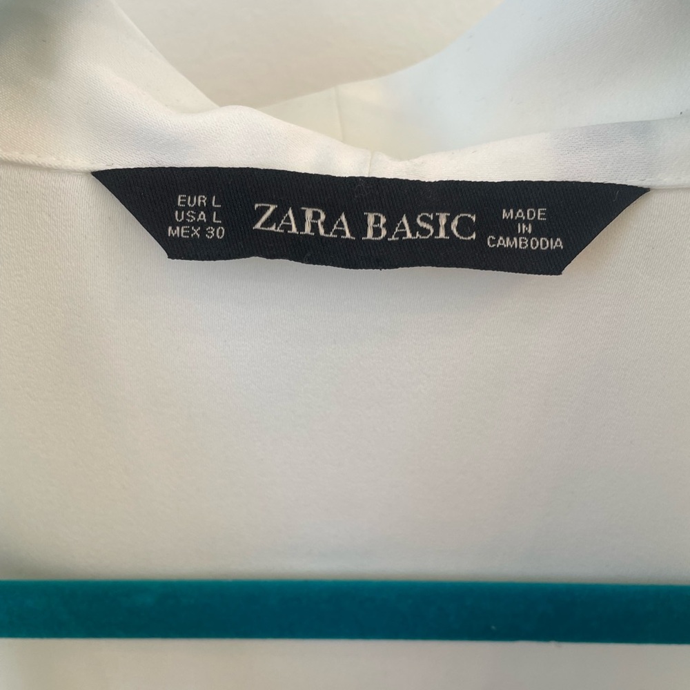 Zara Draped White Blouse with Pearl Sleeve Detail, Size Large